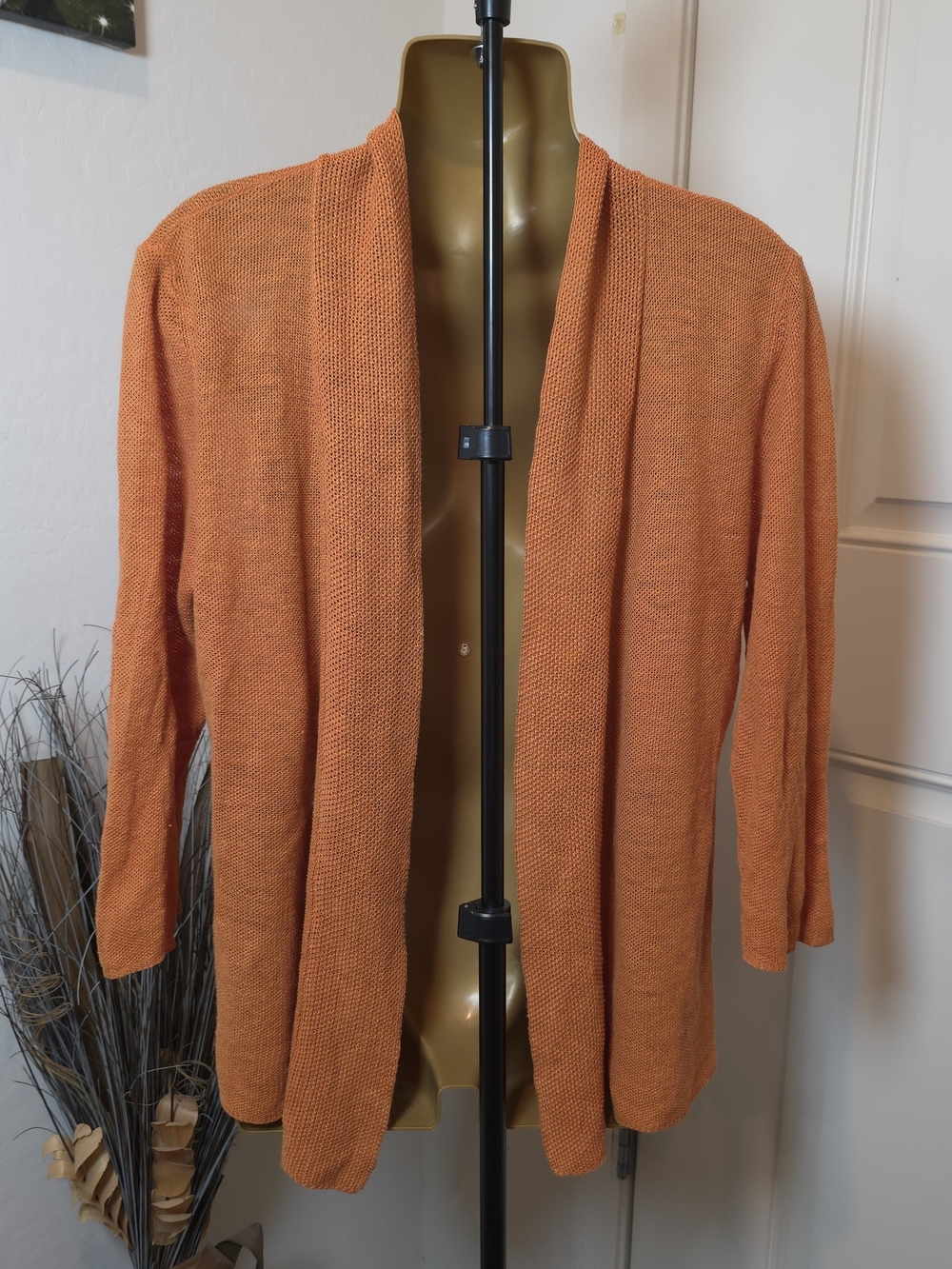Eileen Fisher Cardigan Womens Medium Orange 100% Linen Open Front Lightweight